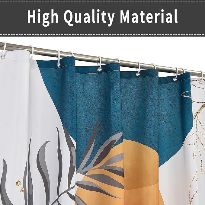 Boho Mid Century Shower Curtain, Orange Blue Modern Minimalist Abstract Geometric Gold Plant Leaves Arch Bathroom Curtains Waterproof Fabric Buthtub Curtain Set with Hooks 66" Wx72 L