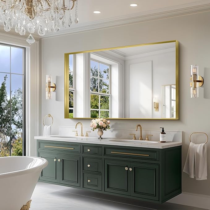 CIRCUMI Gold Bathroom Mirror, 36"x60" Rectangular Mirror with Deep Metal Frame, Brushed Finish, Tempered Glass, Large Mirror for Wall, Over 2 Sinks, Installed Vertically/Horizontally, Crystal-Clear