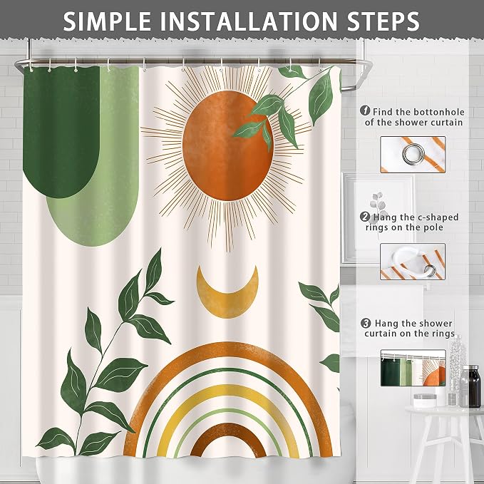 Mid Century Abstract Boho Aesthetic Shower Curtain Set, Green Nature Leaf Sun Modern Minimalist Home Bathroom Curtain Decor with 12 Hooks 84 Inch Wide * 72 Inch High
