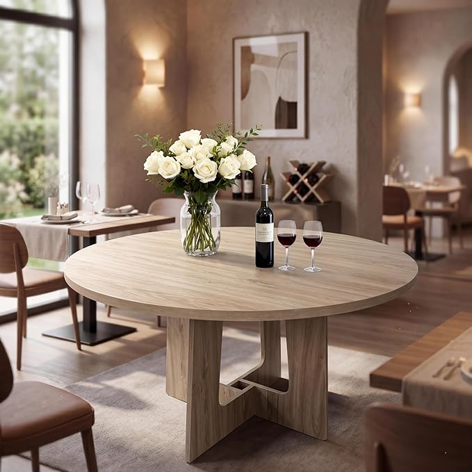 Round Dining Table for 4, 43.3" Kitchen Table for Dining Room, Circle Farmhouse Kitchen Table, Wood Dinner Table for Kitchen, Living Room, Apartment, Natural