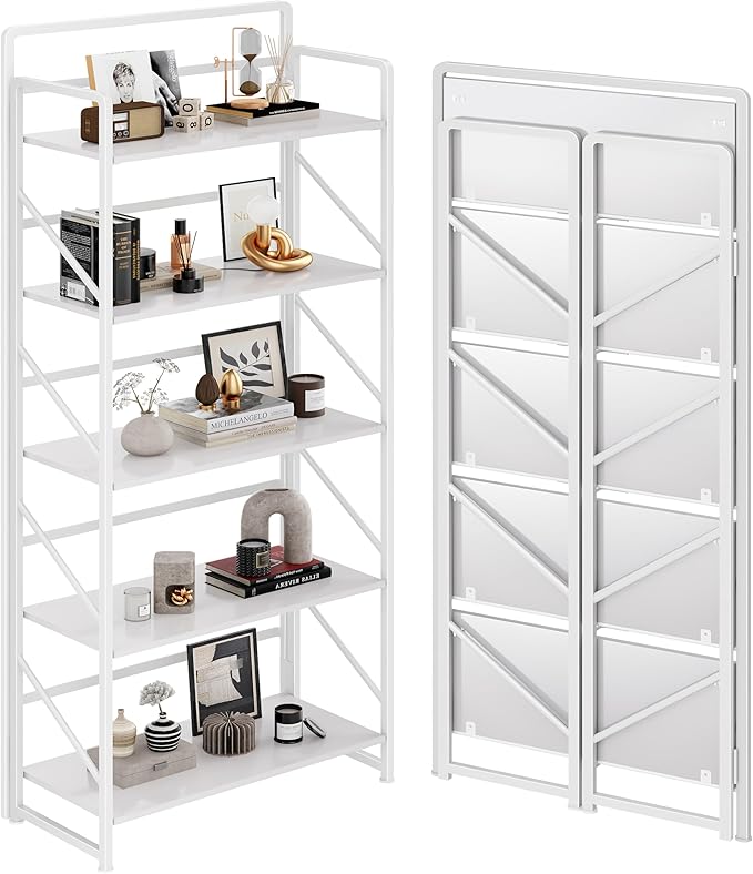 JSB No Assembly Folding Bookshelf, 5 Tier Industrial Metal Book Shelf for Storage, Vintage Wood Foldable Bookcase for Living Room, Bedroom, Office Organization Shelves