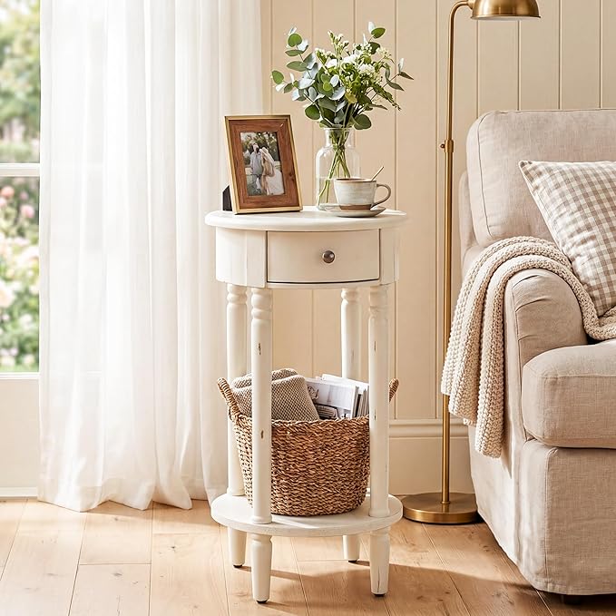 HOMPUS Round End Table with Drawer Set of 2, Rustic Framhouse Nightstand Set 2, Small Tall End Table with Shelf, Fully Assembled Narrow Wood Nightstand, Accent Bedside Table for Bedroom, Small Spaces