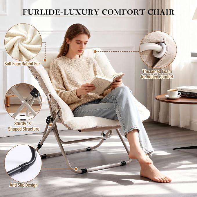 Furlide Saucer Chair, Comfy Bedroom Chairs, Oversized Folding Faux Fur Chair, Foldable Metal Frame Chair for Living Room, Balcony, Patio, Study, Playroom (Beige)