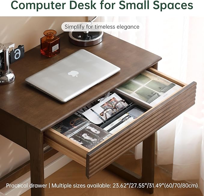 Walnut Finish Solid Wood Desk, Small Writing Desk Home Office Computer Desk for Small Spaces Study Bedroom Work 27.55" W