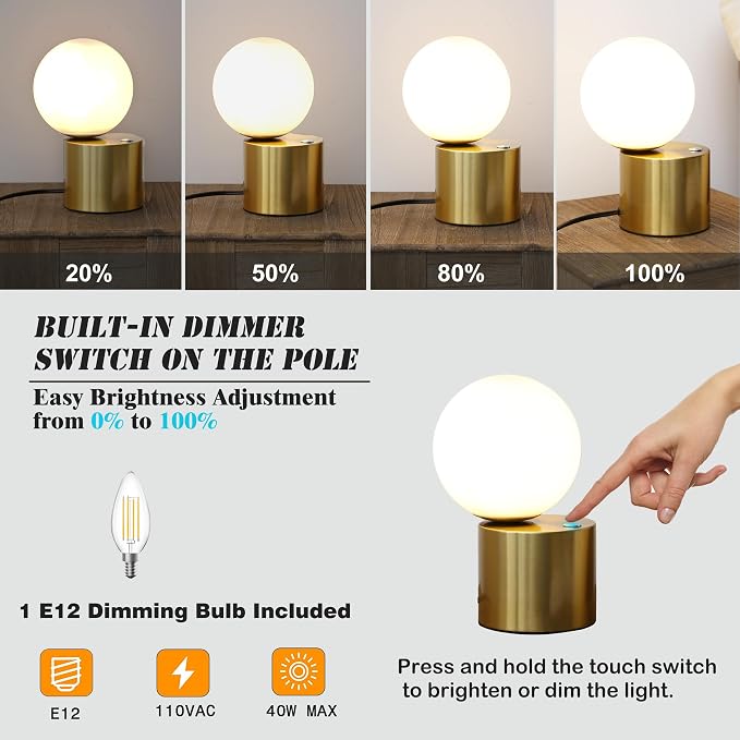 Gold Globe Dimmable Table Lamp Set of 2, Nightstand Lamps Mid Century Modern Desk Lamp with Milk White Glass Shade for Dorm,Bedroom(Low 2 Pack)