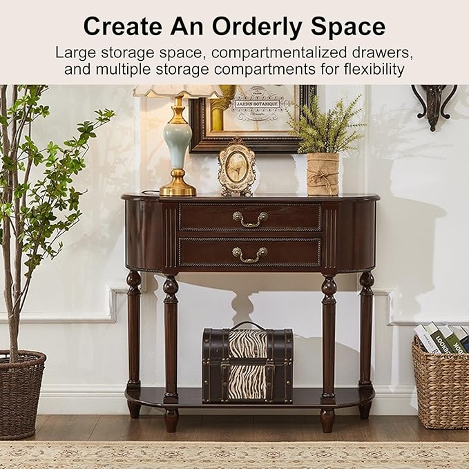 Console Table with Drawer Retro Entryway Table with Retro Handle and Open Storage Shelf Narrow Long Behind Couch Sofa Tables Space-Saving for Hallway Living Room(Walnut,39.37x11.81x35.43in)