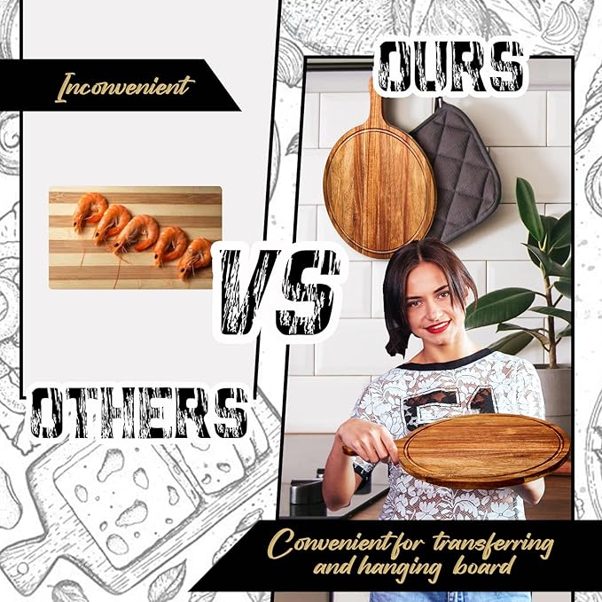 Nuenen 30 Pcs Round Wood Cutting Board with Handle Acacia Bamboo Wooden Serving Kitchen Chopping Boards for Pizza, Bread, Cheese, Charcuterie, Fruit, Vegetables (Acacia)