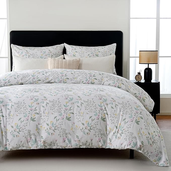 Cozeline 100% Cotton Duvet Cover Queen Size, Pink Floral Aesthetic Bedding Set with Zipper Closure, 3 Pcs Breathable and Soft Botanical Duvet Cover for All Season
