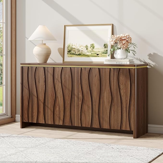 Vabches Fluted Buffet Cabinet with Storage, 3D Ripple Pattern Doors and Curved Edges, Modern Sideboard for Kitchen, Entryway, 4 Doors & Adjustable Shelf, Walnut Wood, 57.9" W