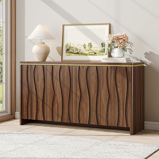 Vabches Fluted Buffet Cabinet with Storage, 3D Ripple Pattern Doors and Curved Edges, Modern Sideboard for Kitchen, Entryway, 4 Doors & Adjustable Shelf, Walnut Wood, 57.9" W