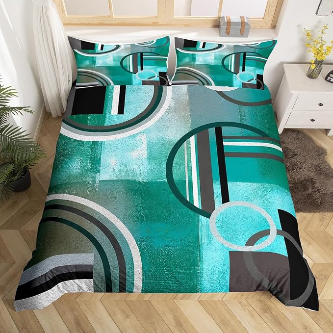 Modern Turquoise Decor Duvet Cover for Kids Teens Youth,Geometric Striped Comforter Cover Full,Mid Century Bedding Set,Grunge Oil Painting Artwork Quilt Cover Soft Room Decor Bedspread Cover,Teal