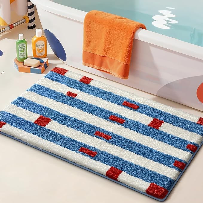 LUMI Bathroom Rugs with Blue White Stripe, Soft Absorbent Bath Mat for Modern Home Decor, Non-Slip Quick-Dry Bath Rug, Machine Washable Floor Mat for Shower and Tub, Entryway, 24"x36"