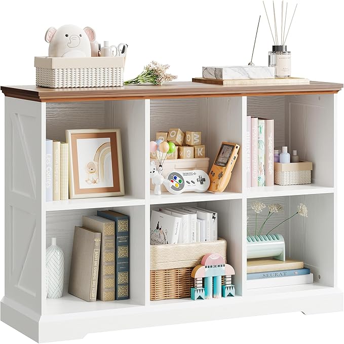 IRONCK 6 Cube Storage Organizer, Wooden Cube Shelf with Storage, Farmhouse Bookcase for Bedroom, Living Room and Home Office, White