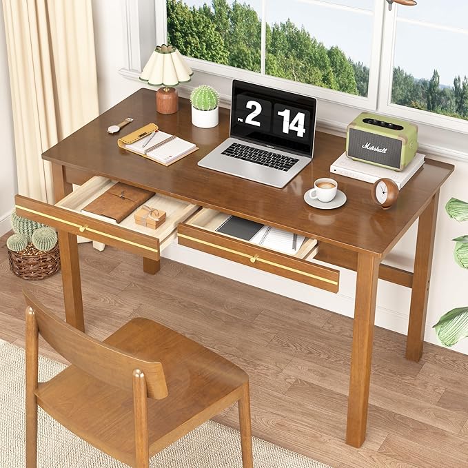 100% Solid Wood Desk with Drawers - 47.2 Inch Mid Century Modern Desks, Vintage Writing Desk with Drawers, Simple Work Study Table, Home Office Desks for Bedroom & Home, Walnut Color