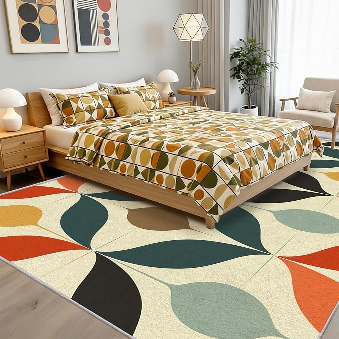 Mid Century Rug 7x9 Geometric Bohemian Retro Vintage Pattern Area Rugs for Living Room, Bedroom, Mid Century Home Decor Accessories Indoor Carpet, Non Slip & Machine Washable, GD0701