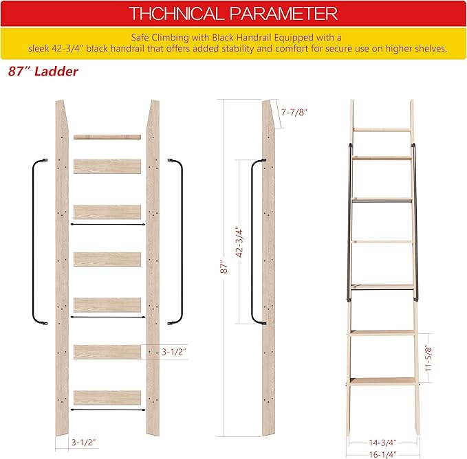 87in Attic Rolling Library Ladder, 7 Step Wooden Ladder with,Loft Ladder Bookshelf,Wall Stairs Red Oak Stair Platform Bunkbed Ladder,for Home Kitchen,Warehouses,Bookstore,DIY Stain