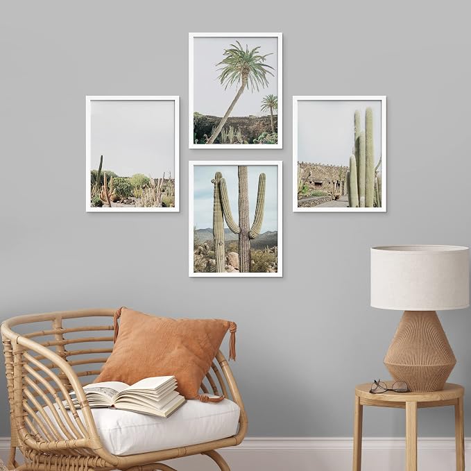 SIGNWIN Framed Tropical Palm Tree Saguaro Cactus Wall Art, Set of 4 Desert Landscape Wall Decor Prints, Nature Wilderness Wall Décor for Living Room, Bedroom - 11"x14"x 4 White