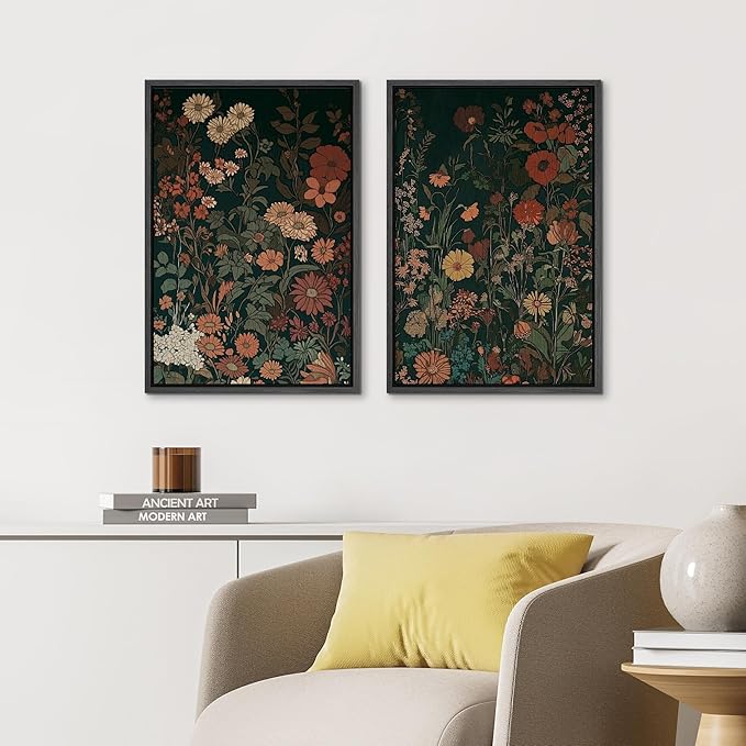 IDEA4WALL Framed Canvas Print Wall Art Set Vintage Wildflower Botanical Dark Green Floral Illustrations Modern Art Decorative Bohemian Calm/Zen for Living Room, Bedroom, Office - 16"x24"x2 Black