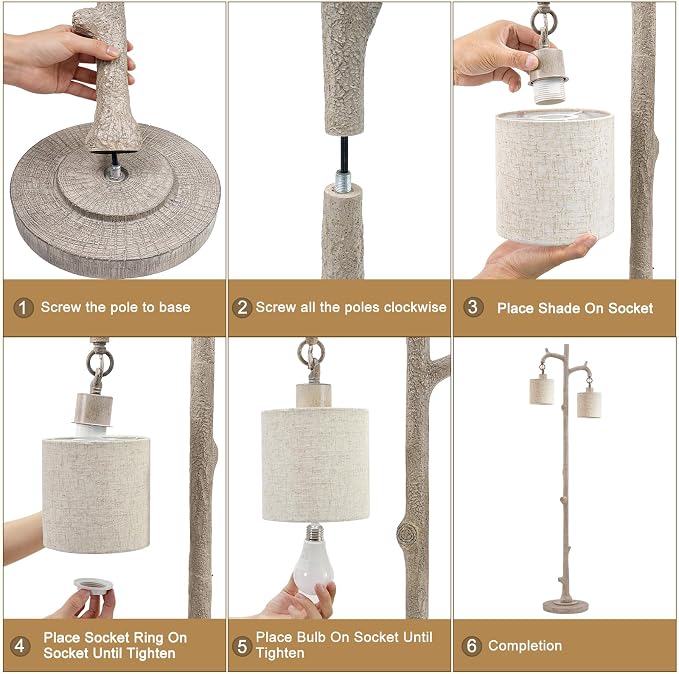 EJIAXIN Floor Lamp for Living Room - 69" Rustic Tree Trunk Standing Lamps - Country Resin Tall Lamp with 2 Reading Light - Farmhouse Floor Lamp for Bedroom Office Home Decor (Grayish White)