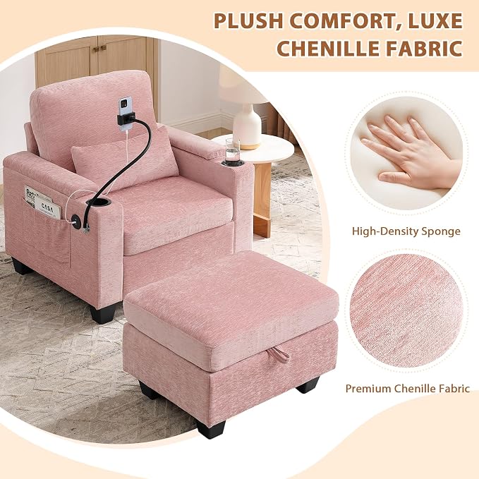 Oversized Chaise Lounge Chair Indoor, Single Convertible Recliner Reading Arm Sofa Chair W/Adjustable Backrest & Charging Port Couch Bed for Living Room, Home Theater & Bedroom, Pink