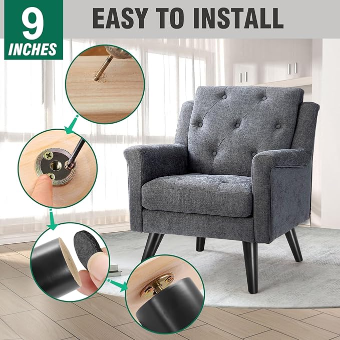 FoDau770 Black Rubber Wood Furniture Legs 9 Inches, Slant Tapered Wood Feet Mid Century Sofa Legs Set of 4, 5/16" UNC Furniture Feet Replacement Parts for Cabinet Couch Dresser Chair Ottoman Table