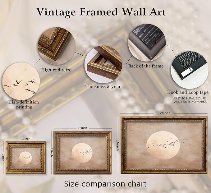 Vintage Gold Framed Minimalist Moon and Birds in Flight Wall Art, Neutral Beige Sky Painting Canvas Prints, Boho Nature Poster Artwork for Modern Living Room Bedroom Office Wall Decor，9x11in
