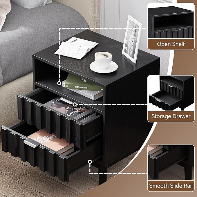 Fluted Nightstand, 19" Wide Night Stand with Solid Wood Legs, Open Storage Shelf, Mid Century Modern Wooden Bedside Table for Bedroom, Bed End Side Table, Black