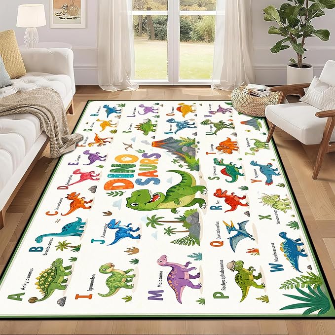 3'x5' Dinosaur Area Rug ABC Alphabet Educational Rugs for Entryway Bedroom Living Room Nursery Kitchen Playroom Home Decor Washable Cute Cartoon Dinosaur Floor Mat Carpet