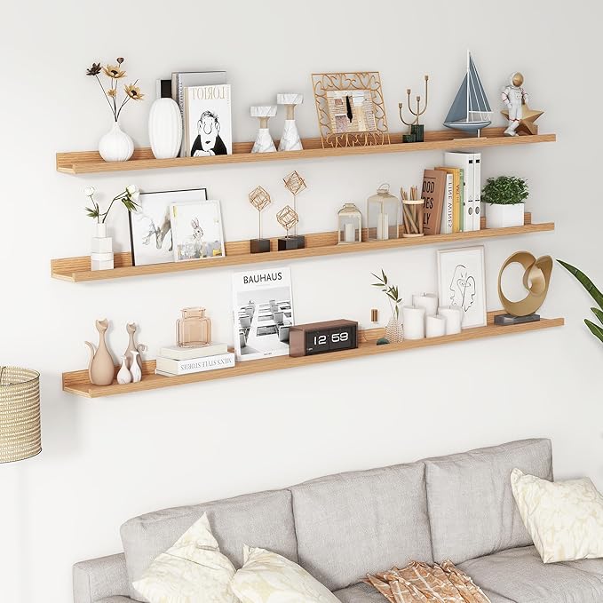 Axeman 72 Inch Floating Shelves | Oak Picture Ledge Shelf Set of 3 | Rustic Wood Wall Shelves with Lip | 72" Oak Picture Shelf for Wall with Ledge | Photo Shelves