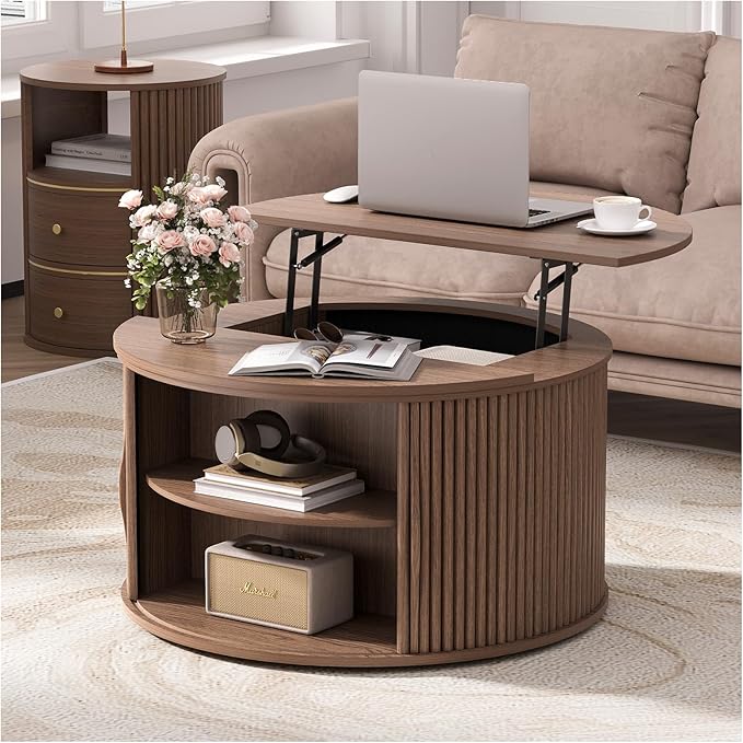 31.5" Round Lift Top Coffee Table with Hidden Storage, Mid Century Modern Walnut Drum Coffee Table for Living Room, Wood Fluted Design Center Table for Small Apartment & WFH