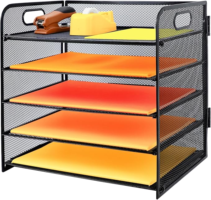 5-Tier Paper Letter Tray Organizer with File Holder，Paper Sorter Desk Organizer Metal mesh Desk Tray for Home Office School