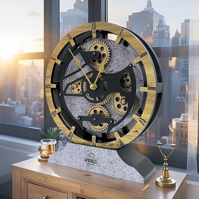 ImprovingLife Desk Clock 10 inches with Real Moving Gears Convertible into Wall Clock (Brown and Grey)