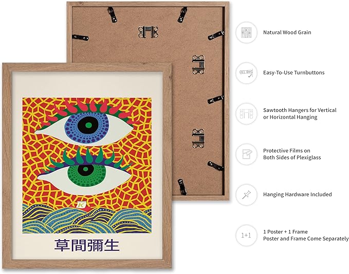 Poster Master Vintage Poster - Retro Pop Art Print - Gift for Artist, Friend - Two Eyes, Japanese, Dots, Modern, Abstract - Wall Decor for Living Room, Office, 11x14 Beige Framed