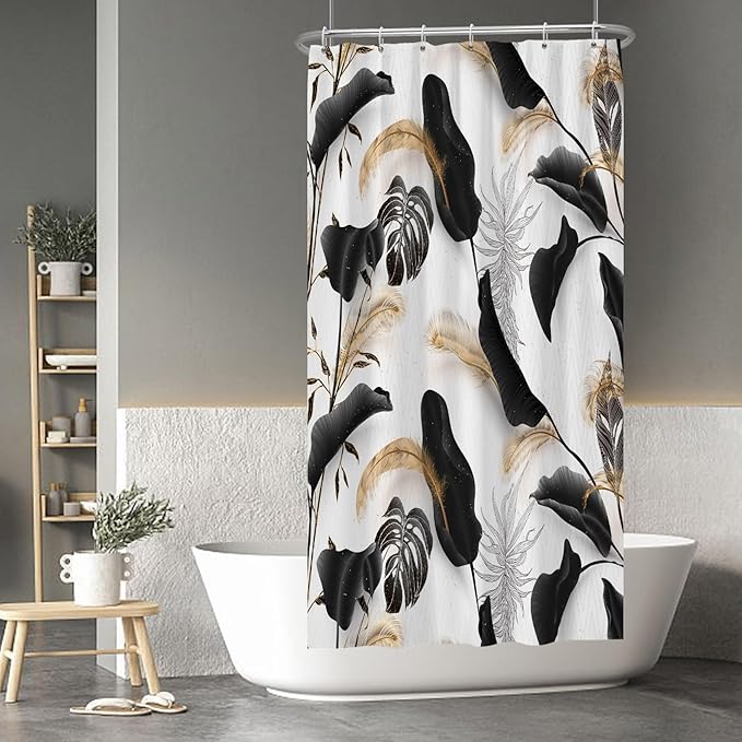 Baocicoo Black Leaves Shower Curtain Bohemian Style Shower Curtain for Bathroom Tropical Leaves Boho Floral Shower Curtains Bathtub Living Room Decor Bathroom Decorations with Hooks 36x72 Inches