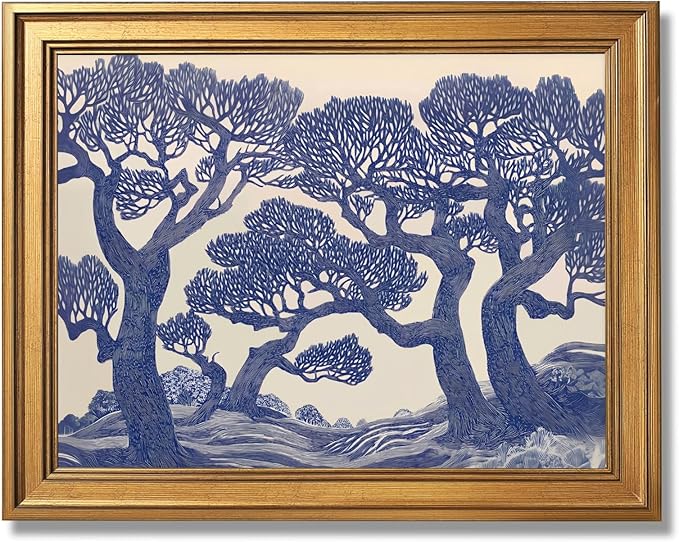 Vintage Oak Tree Prints Linocut Forest Canvas Wall Art Blue Woodland Landscape Painting Posters Botanical Wall Decor Moody Tree Poster Large Nature Art Print for Living Room 24x36inch Golden frame
