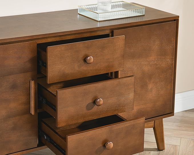 LKTART 47.3" Mid Century Modern Sideboard Buffet Cabinet with Solid Wood Frame&Legs,Accent Storage Cabinet with 2 Doors and 3 Drawers for Kitchen,Entryway,Walnut
