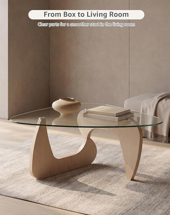 Glass Coffee Table for Living Room, 35.82" Small Triangle Coffee Table with Clear Glass Top and Sculptural MDF Wood Base, Mid Century Modern Center Table for Apartment, Sofa, Small Space