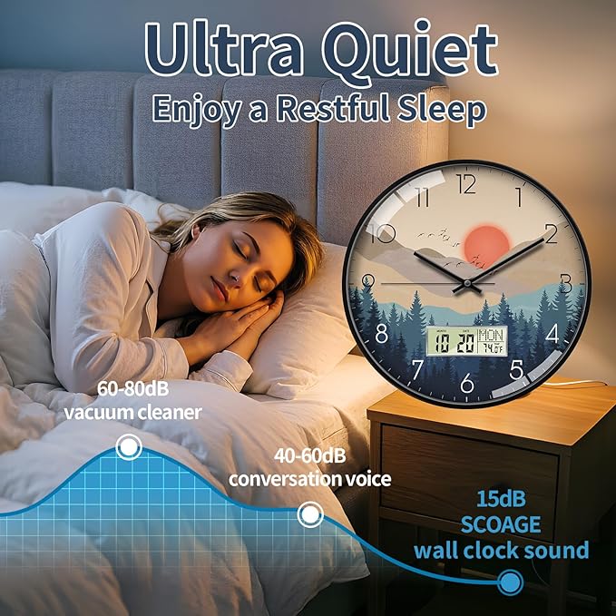Wilderness Sunset Wall Clock, 12 Inch Silent Non-Ticking Battery Operated Analog Clock with LCD Date Day Temp Display, Decorative for Living Room, Bedroom, Kitchen, Office, Farmhouse, Cabin