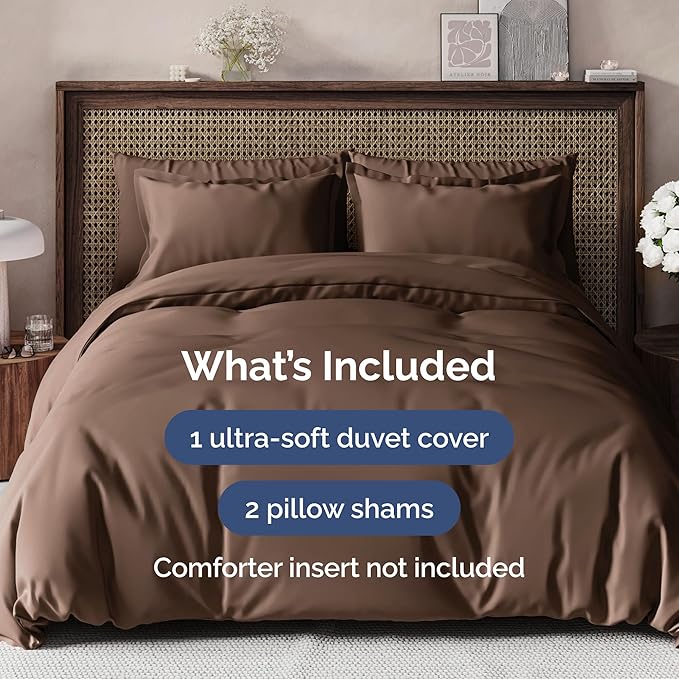 Duvet Cover Queen Size - Extra Soft Queen Size Duvet Cover - Lightweight, Breathable & Cozy - Easy Care & Fade Free with Zipper Closures & Ties - 90" x 90" Inches - (Brown) Comforter Not Included