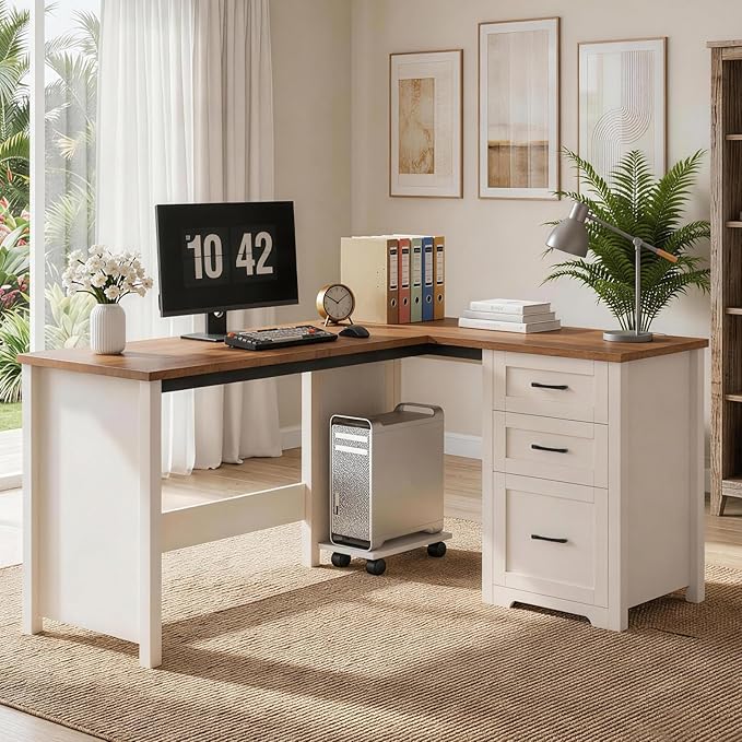Vabches 61”Farmhouse L Shaped Executive Desk with File Drawers, Corner Computer Desk with Mobile CPU Stand, Wood Writing Computer Desk for Work, Study.Unique White