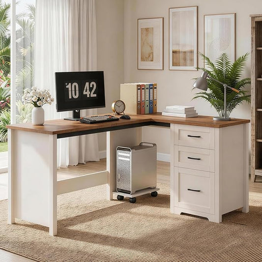 Vabches 61”Farmhouse L Shaped Executive Desk with File Drawers, Corner Computer Desk with Mobile CPU Stand, Wood Writing Computer Desk for Work, Study.Unique White