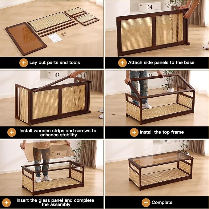 Welnow Rattan Coffee Tables for Living Room, Modern 2-Tier Coffee Table, Mid Century Rectangle Coffee Table with Storage Shelf & Glass Top, Large Boho Center Table for Apartment, Walnut