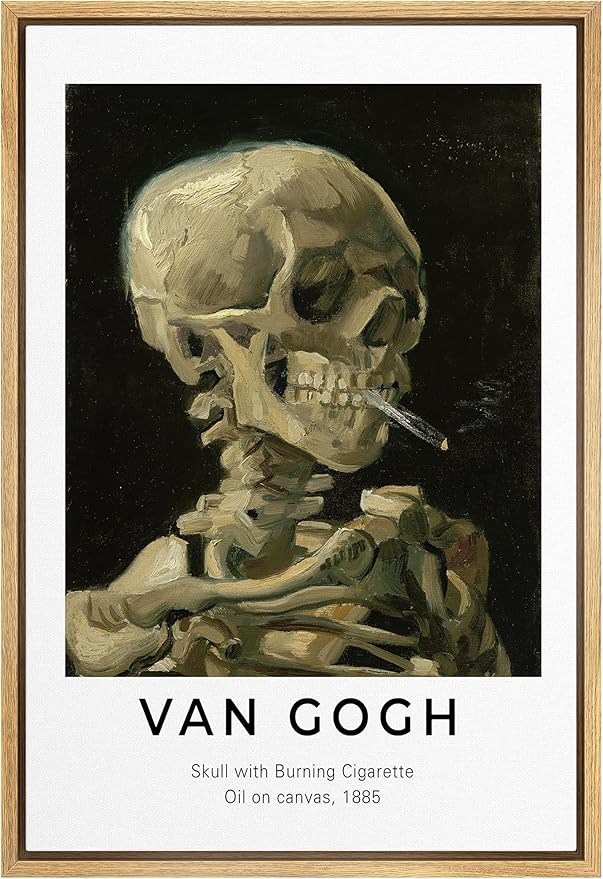 SIGNLEADER Framed Canvas Print Wall Art Van Gogh Skull with Burning Cigarette Decorative Brushstroke Illustrations Fine Art Colorful Multicolor Warm for Living Room, Bedroom, Office - 24"x36" Natural
