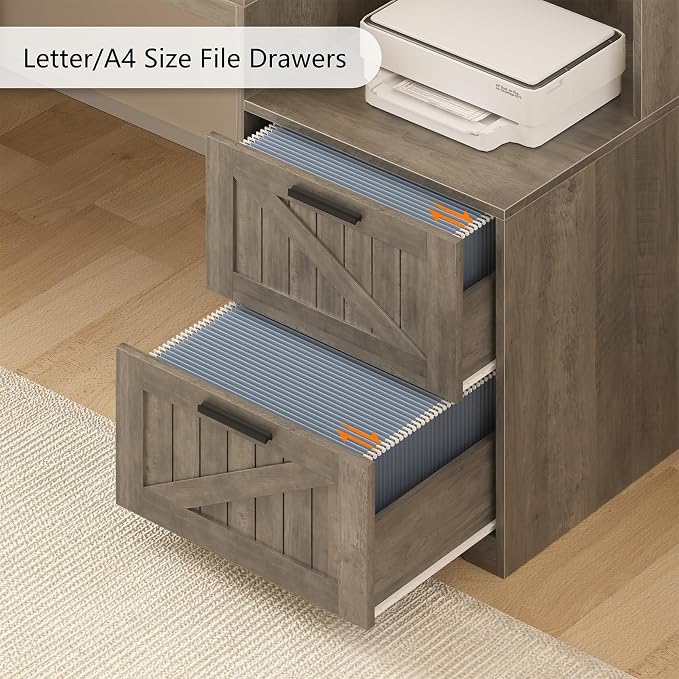 TVU Farmhouse L Shaped Desk with Drawers, 62.2" Home Office Desk with Storage Shelves and Power Outlet, L Shaped Computer Desk with Monitor Stand and Printer Shelf, Gray