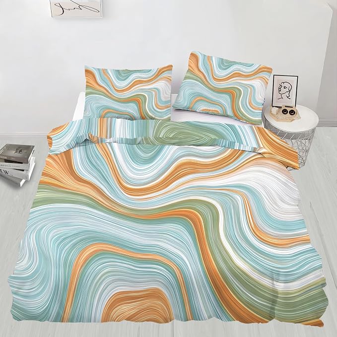 Modern Abstract Duvet Cover California King, Flowing Lines Gradient Bedding Set 3 Piece Bedroom Decor Retro Marble Patterned Comforter Cover with Zipper Ties & 2 Pillowcases