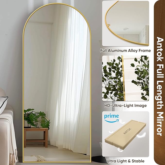 Antok Arched Full Length Mirror, 18"x58" Floor Mirror with Carved, Full Body Mirrors for HomeDecor, Standing/Halling Large Wall Mirror for Bedroom, Living Room, Cloakroom, Gold, Modern Style