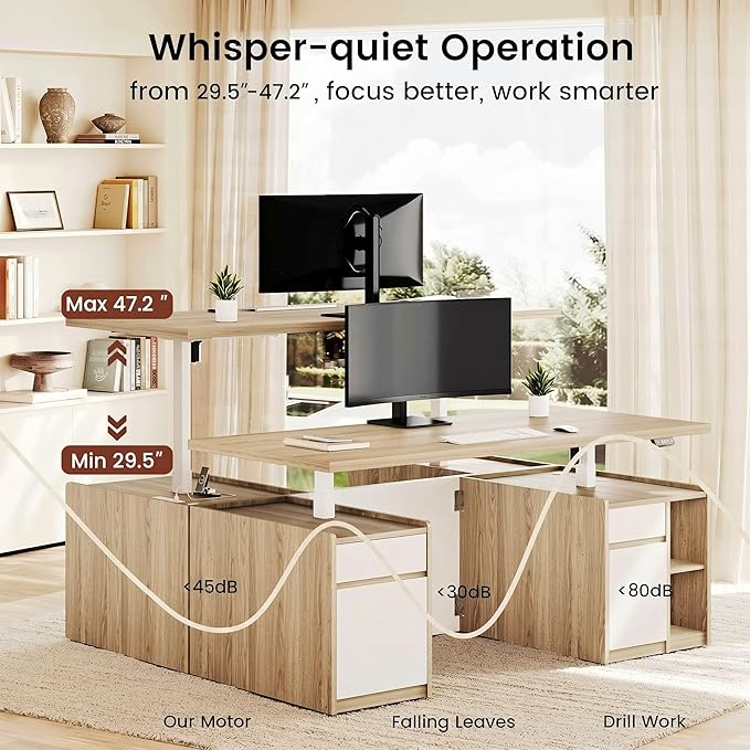 ModernMate Executive Standing Desk with Drawers & Storage, 70.8'' Adjustable Electric Stand Up Wood Desk with Privacy Panel, AC/USB, File Cabinet, Large One-Piece Desktop for Home Office, Light Walnut