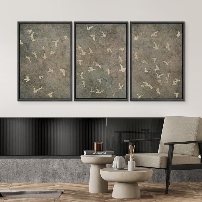 SIGNWIN Framed Canvas Print Wall Art Set Abstract Golden Birds in Flight Illustrations Modern Art Decorative Rustic Calm/Zen for Living Room, Bedroom, Office - 24"x36"x3 Black