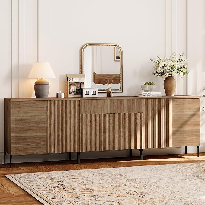 WAMPAT 94.5" Buffet Sideboard Cabinet with 1 Drawer & 6 Doors, 3-in-1 Fluted Sideboard with Adjustable Shelves, Modern Buffet Table Coffee Bar Wine Bar Cabinet for Dining Room, Living Room, Walnut