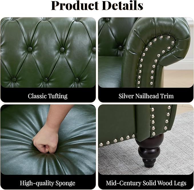 LEVNARY Chesterfield Sofa, 3 Seater Tufted Couch for Living Room, Classic Button Tufted Upholstered Sofa, Modern Mid-Century PU Leather Sofa (Green)